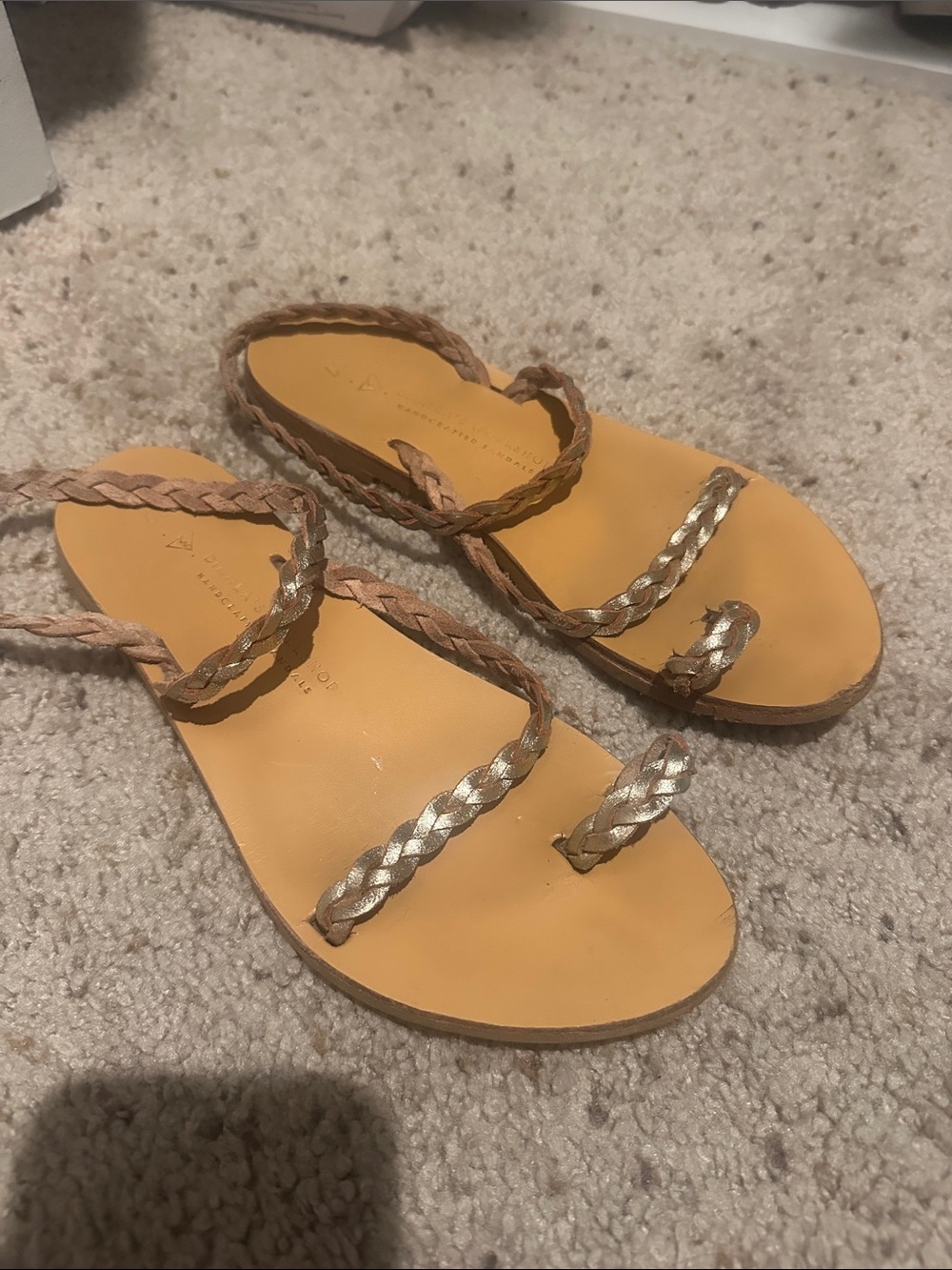 Greek Braided Toe-Loop Sandals in Tan with Metallic Accents